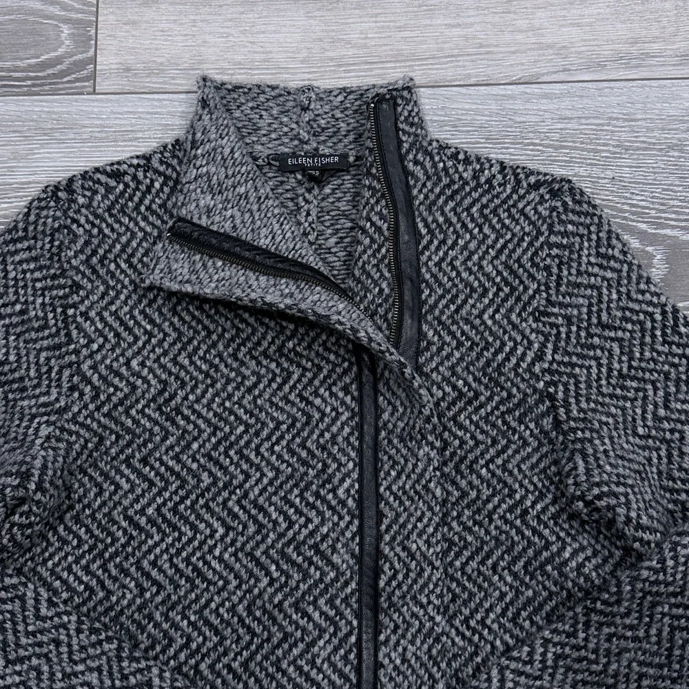 Eileen Fisher Wool Alpaca Herringbone Moto Jacket‎ PS Moon Gray Asymmetrical Zip